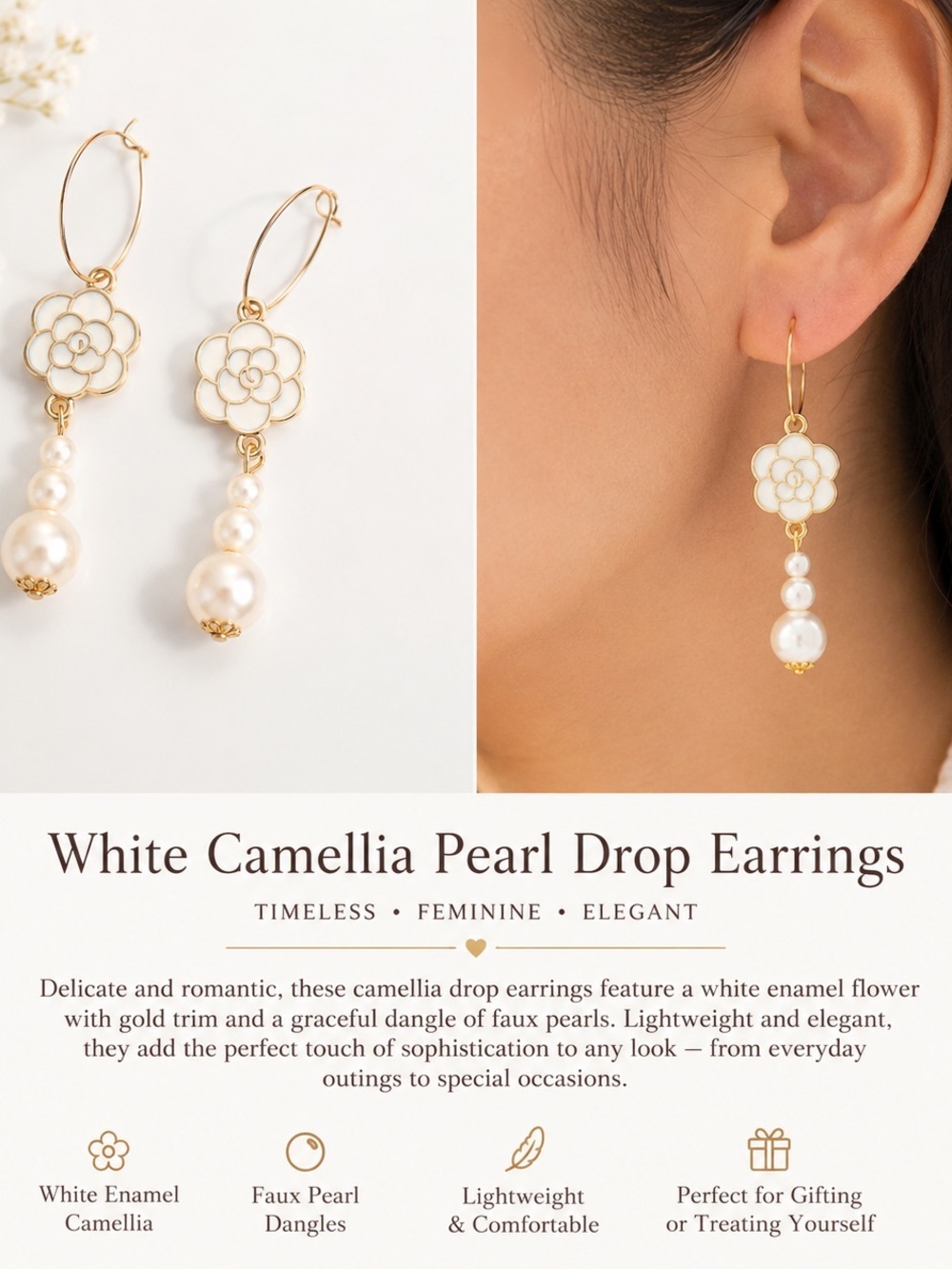 Stainless Steel White Camellia Pearl Drop Hoop Earrings | Gold Tone | New